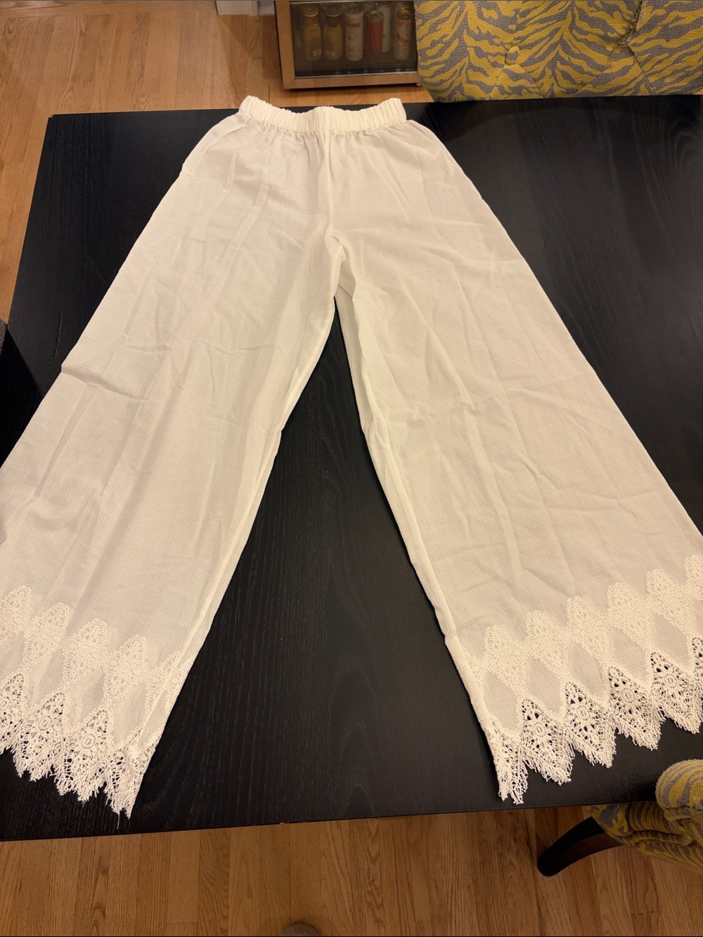 White Lace Trim Wide Leg Linen Pants